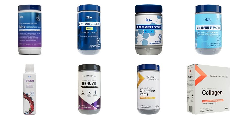 Current 4Life products: Transfer Factor Max, Plus, Classic, Tri-Factor, RioVida, Renuvo, Glutamine Prime and Collagen